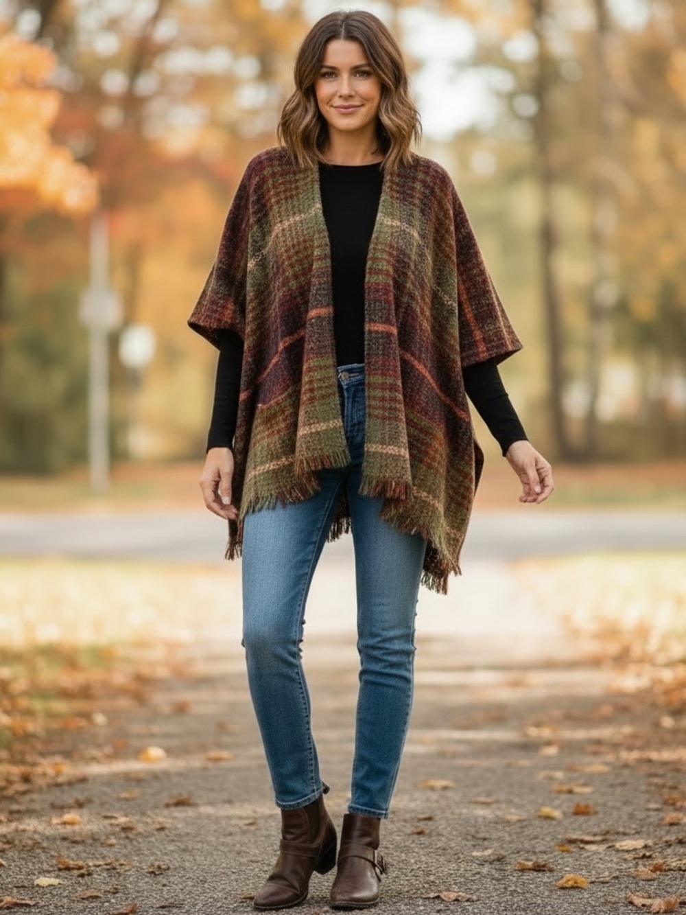 Woolrich Plaid Knit Poncho in Olive, Brown, Rust & Burgundy